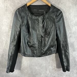 Zara Leather Jacket Womens Medium Black Collarless Biker Round Neck Zip Up Lined